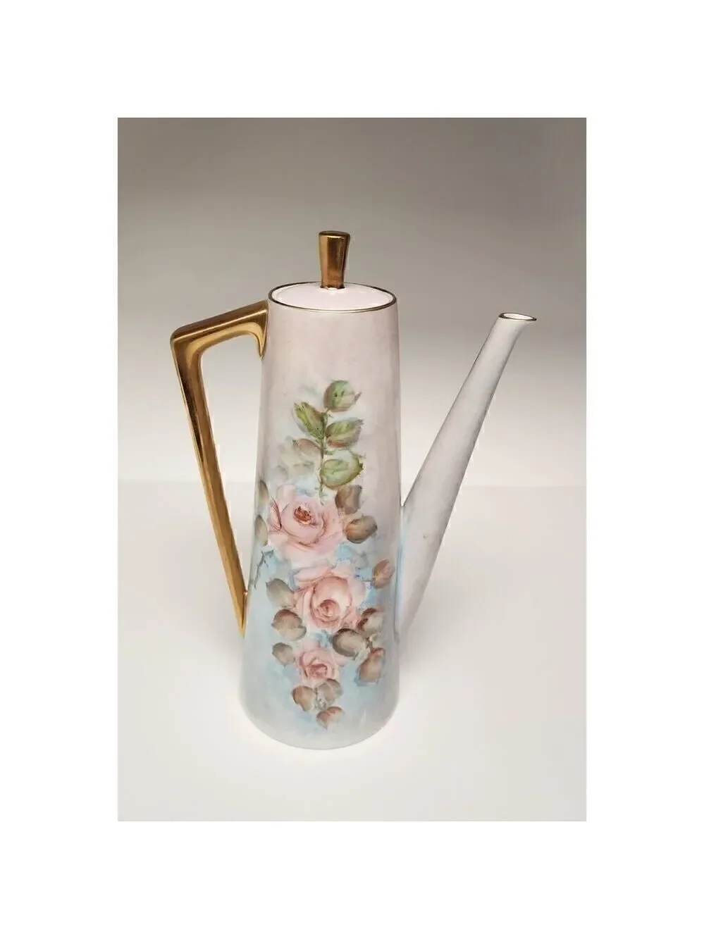 VINTAGE 1970s  HAND PAINTED COFFEE TEA POT, ROSES & GOLD